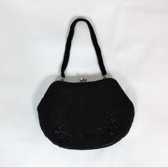 Vintage Delill Black Beaded Sequins Evening Bag Purse W/Strap Glass Kiss Clasp - Picture 1 of 10